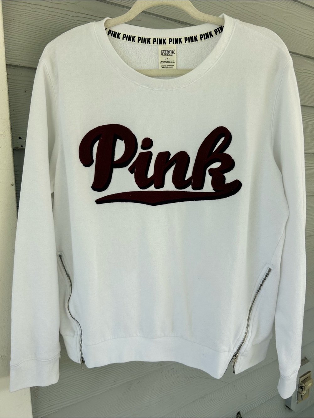 Victoria's Secret PINK Crewneck Sweatshirt White Maroon Logo Side Zip L  Y2K